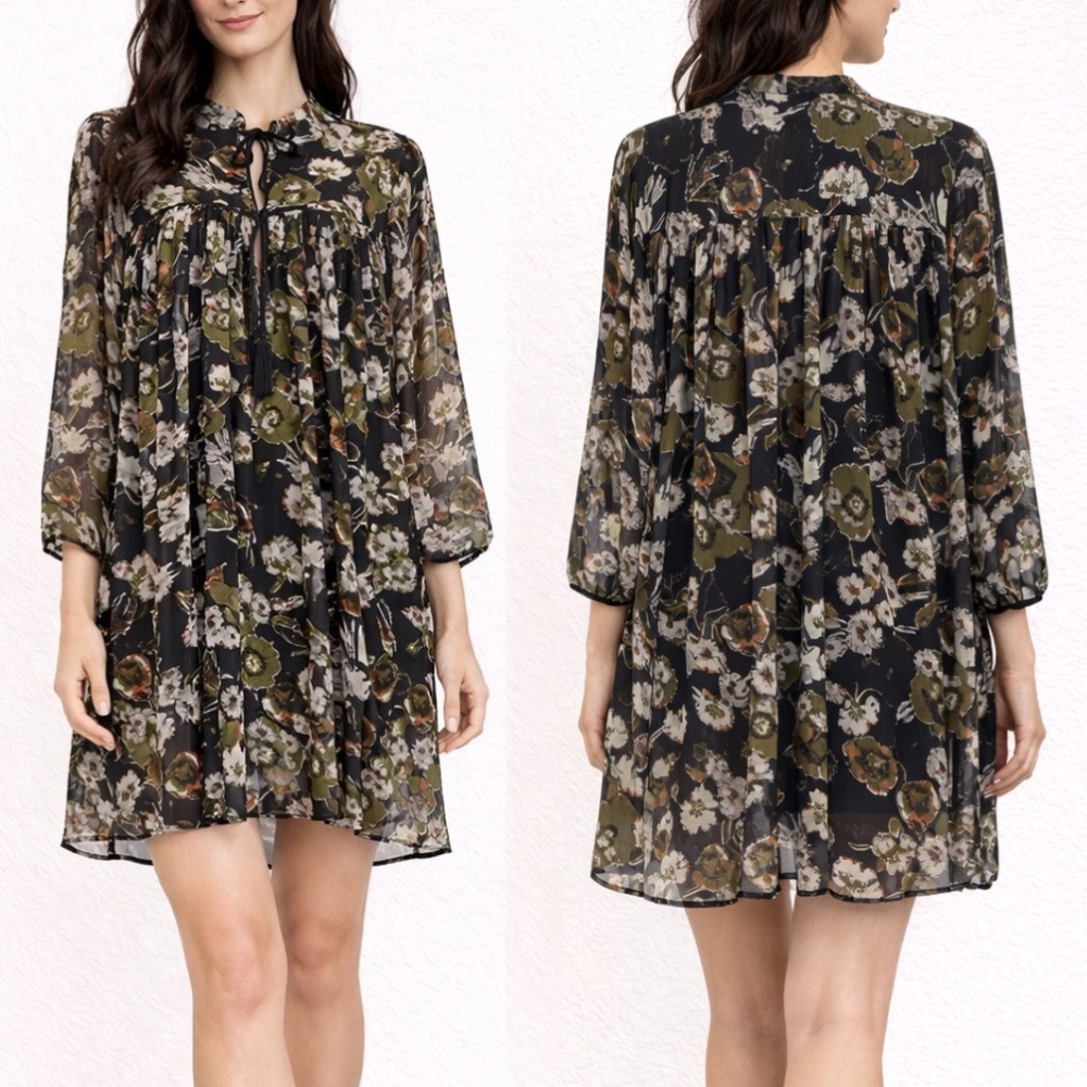 ZARA Floral Sheer Pleated Mini Dress | Size M | Olive Black Boho
